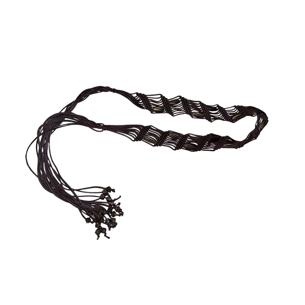 Dark brown leather and shell tie belt hippie boho festival concert OS